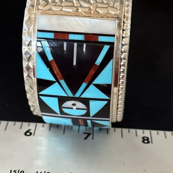 Zuni Turquoise Inlay Sterling Silver Cuff Bracelet Native Indian Handmade - Picture 2 of 10